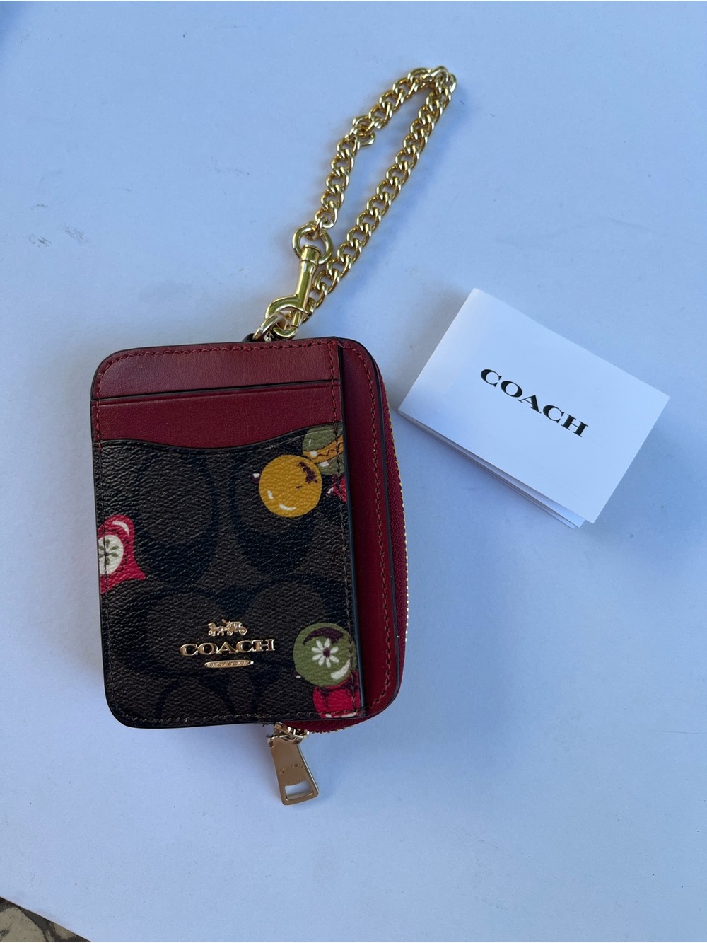 Coach Zip Card Case Gold Chain Wristlet Signature Ornament Print C7417 Holiday